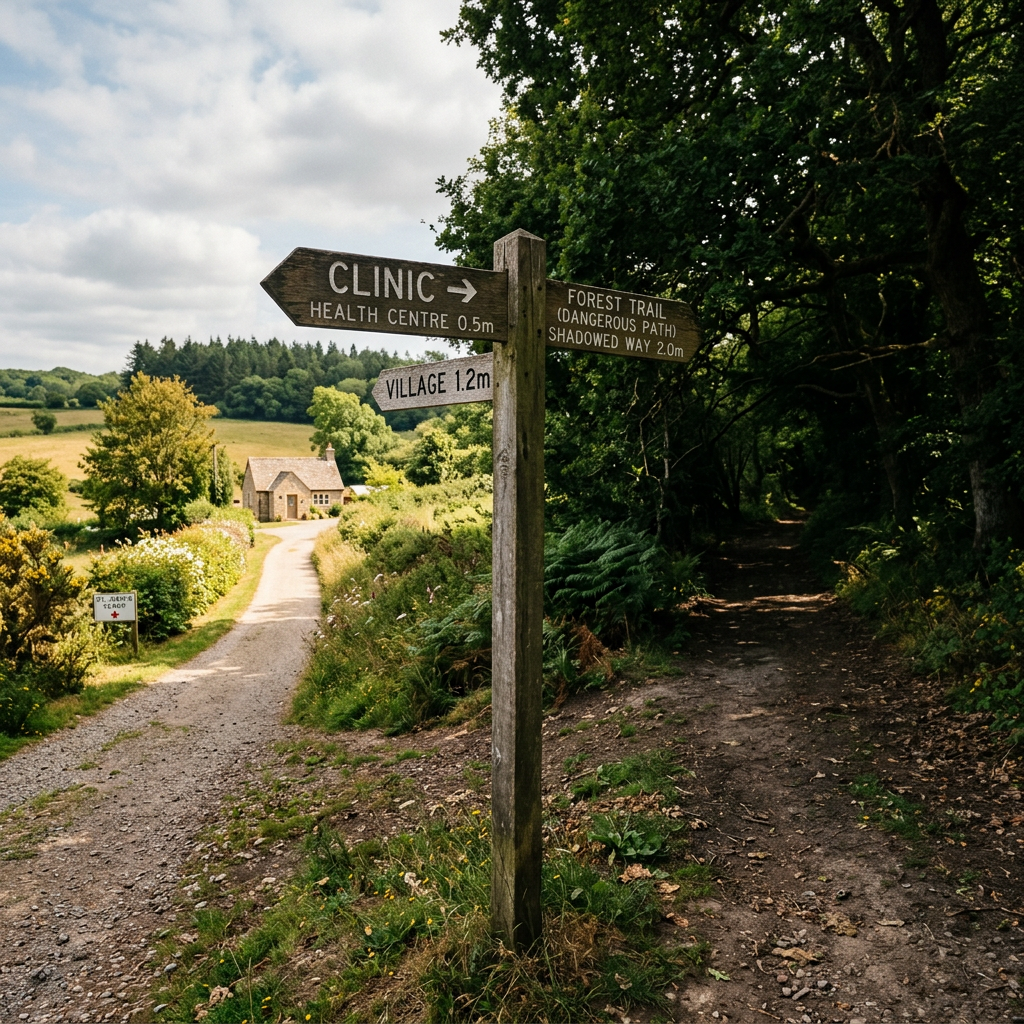Wooden signpost with arrows pointing to clinic, village, and forest trail at a rural crossroads Free Clinician Drug Advice