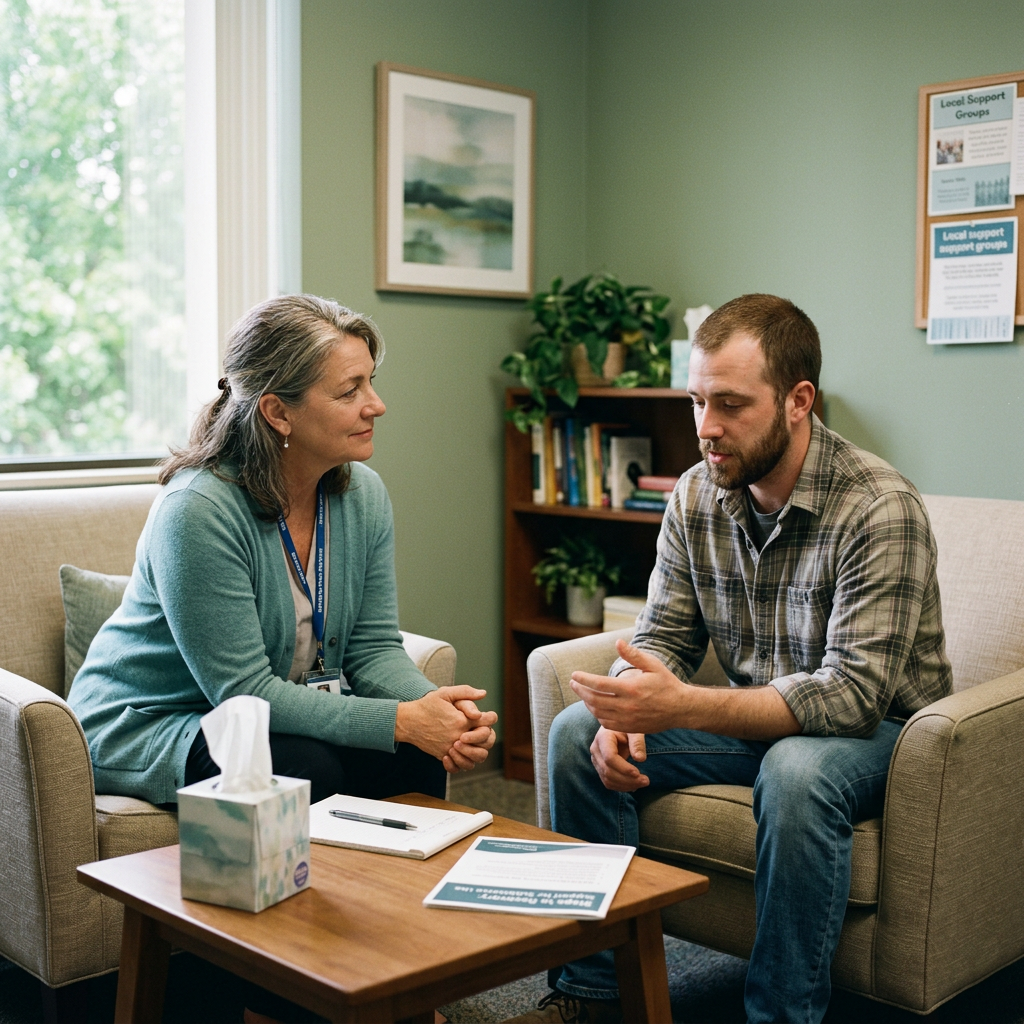 Counselor talking with a man in a comfortable office setting Help For Cocaine Addiction