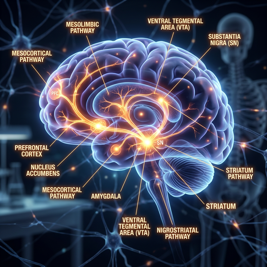 Dopamine pathways including mesolimbic, mesocortical, nigrostriatal, with labels for prefrontal cortex, nucleus accumbens, amygdala, ventral tegmental area, substantia nigra, and striatum.