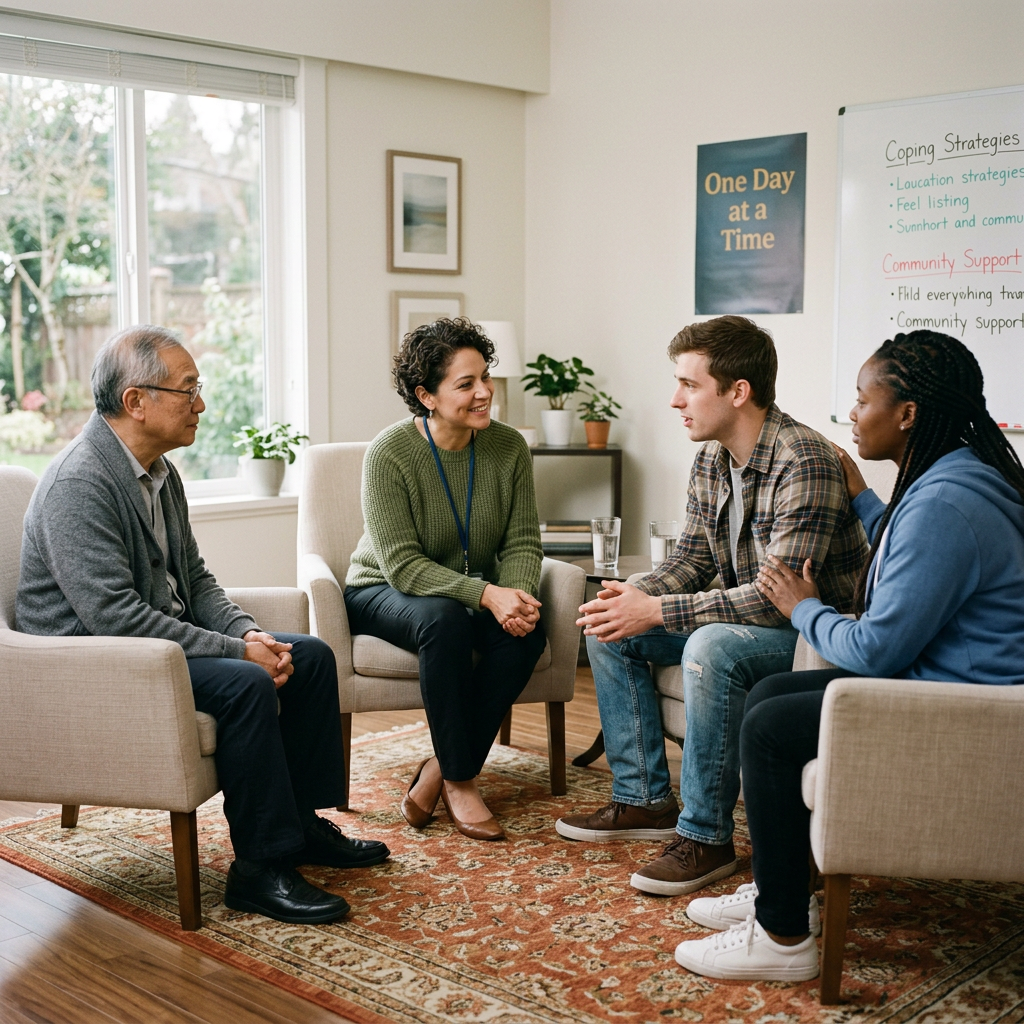 Four people sitting in chairs in a circle engaged in a group therapy session Free Rehab Referral Service