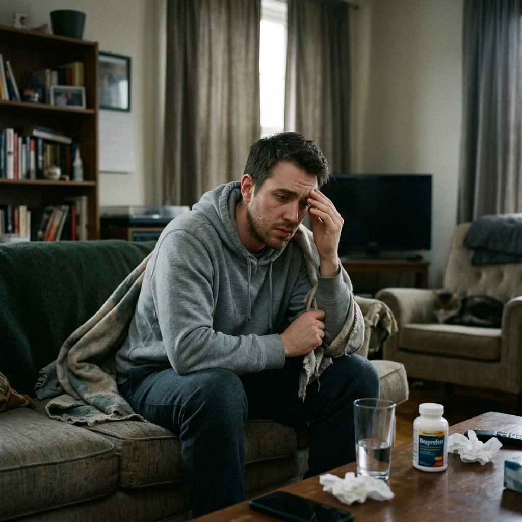 Man sitting on couch with blanket looking unwell and holding his forehead Free Rehab Referral Service