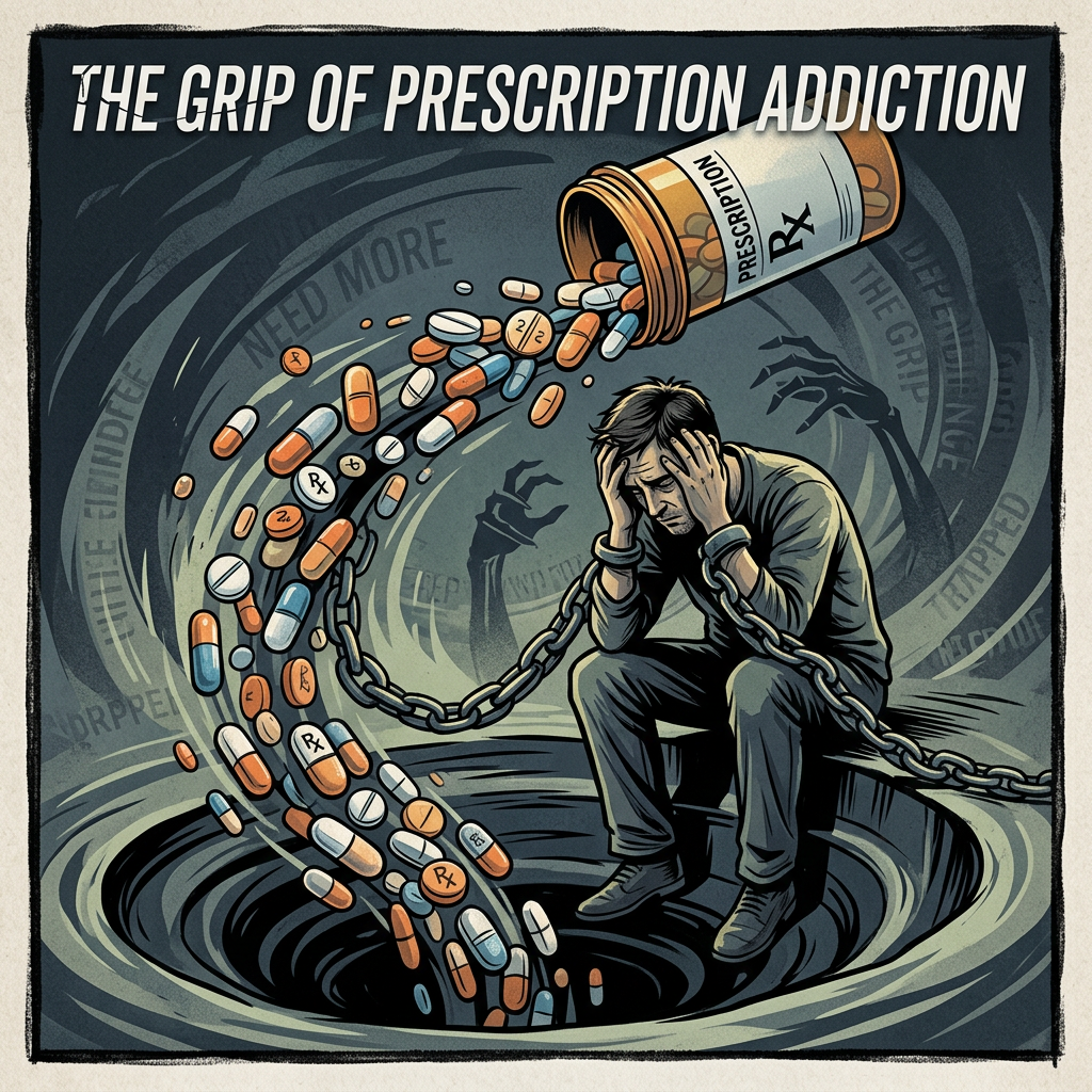 Man chained sitting with head in hands surrounded by prescription pills flowing into a swirl