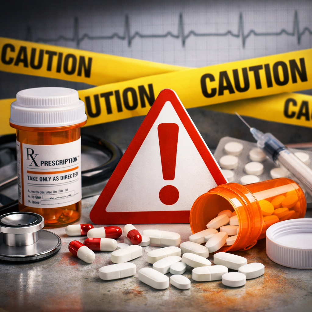 Prescription pill bottles, scattered pills, syringe, and caution tape indicating medication warning