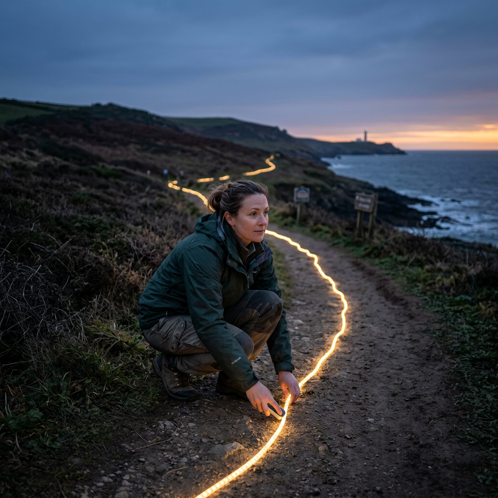 Woman crouching on a dirt path installing a glowing light rope along a coastal trail at dusk