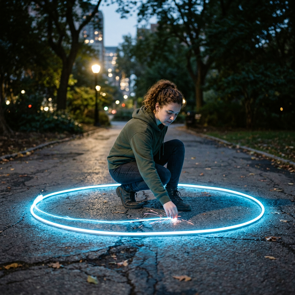 Person crouching inside glowing blue neon circle on cracked pavement at dusk with sparkler sparks.