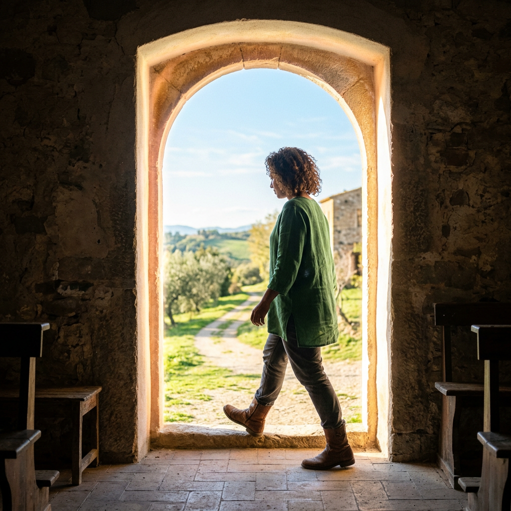 Person stepping through arched doorway from stone interior to sunny outdoor landscape