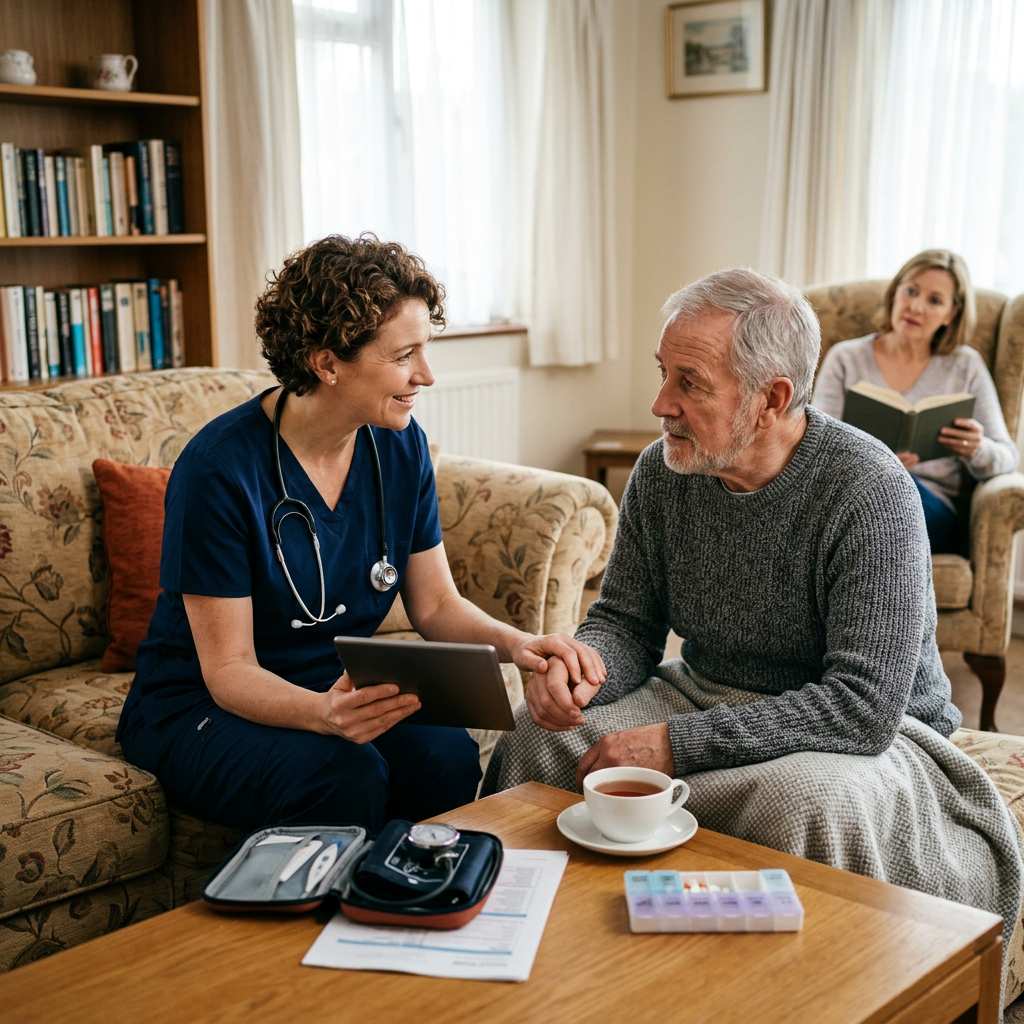 Nurse holding tablet talking to elderly man at home with medical supplies on table Same Day At Home Detox