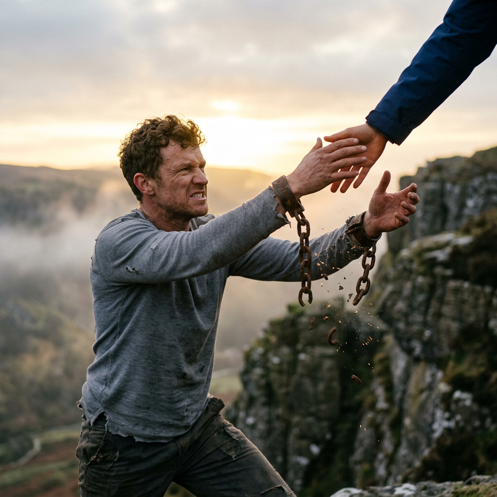 Man breaking rusty chains on wrists with help from another person