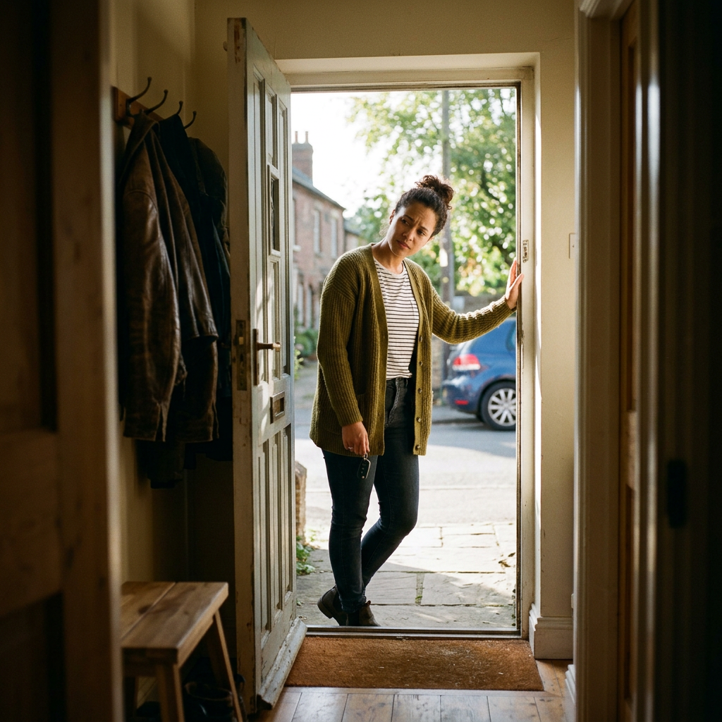 Woman entering home through open front door holding keys