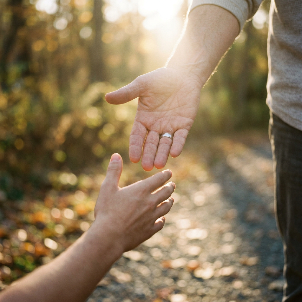Two hands reaching toward each other outdoors with sunlight in background