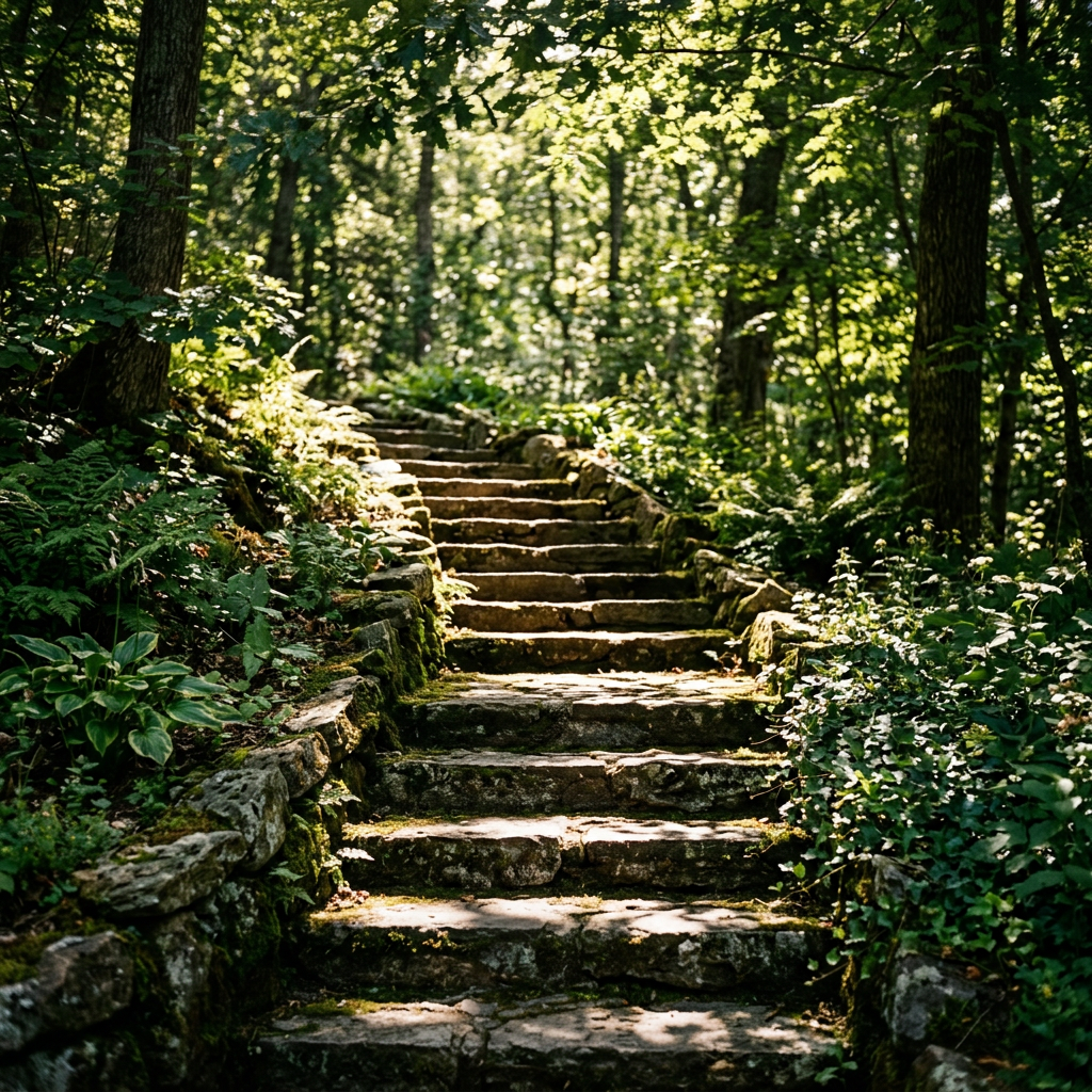 Stone steps ascending through a green forest with sunlight filtering through trees