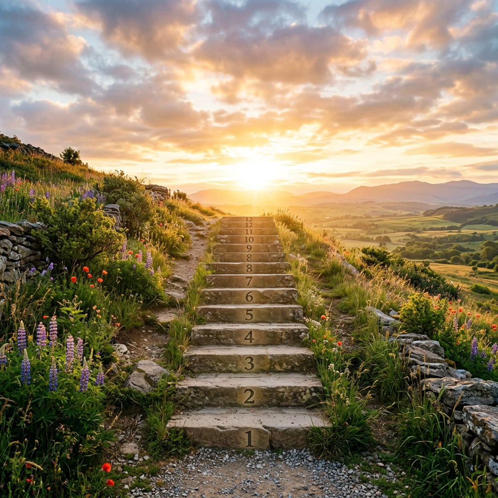 Numbered stone steps from 1 to 12 ascending a flower-lined hillside with sunset