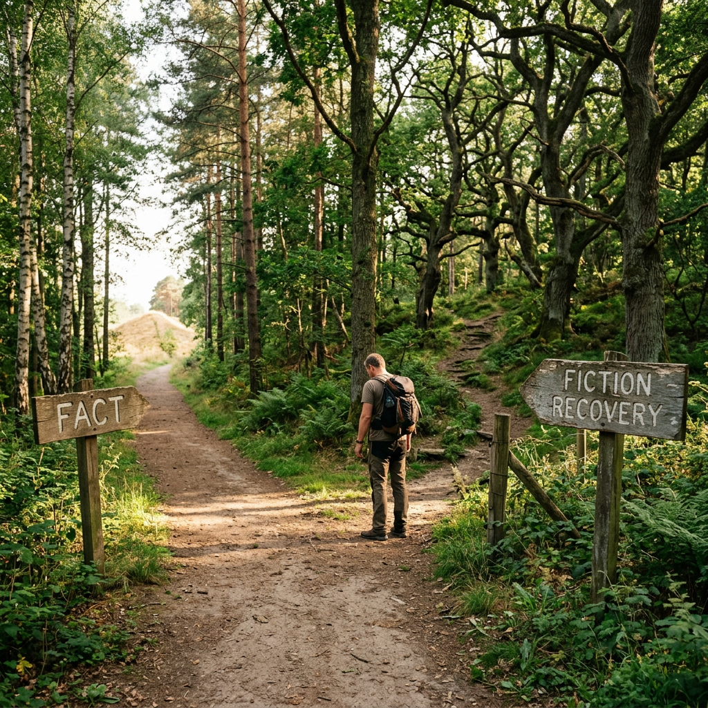 Hiker standing at a fork in a forest trail with signs pointing to 'FACT' and 'FICTION RECOVERY' paths
