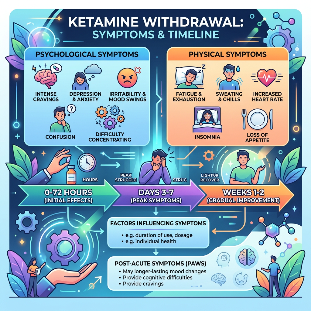 Psychological and physical symptoms of ketamine withdrawal with timeline from initial effects to gradual improvement Low Cost Home Ketamine Detox