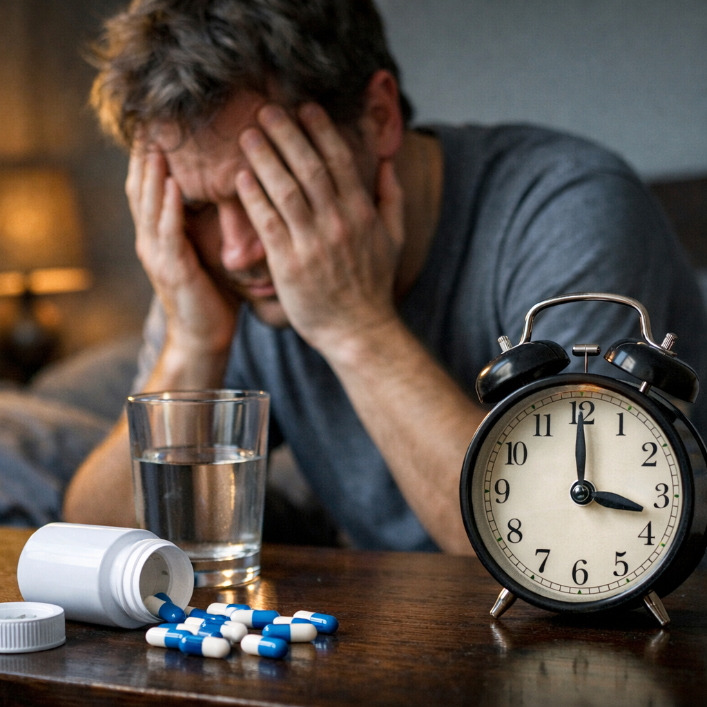 Man holding his head with pills spilled from a bottle, a glass of water, and an alarm clock showing 3:00 At Home Sleeping Pill Detox