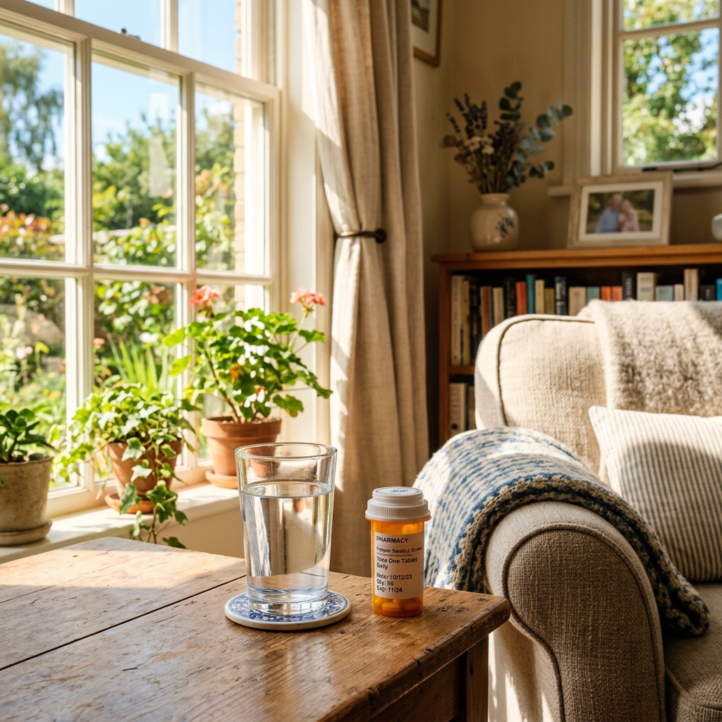 Glass of water and prescription pill bottle on wooden table by window and sofa At Home Sleeping Pill Detox
