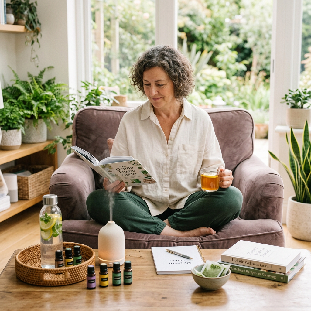 Woman sitting cross-legged on a couch reading a wellness book and holding a cup of tea Low Cost Home Cocaine Detox