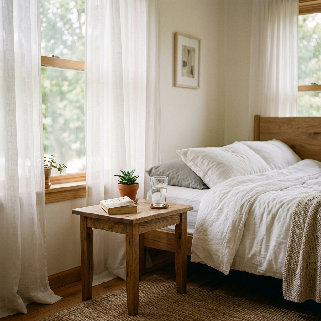 Wooden bedside table with book, potted plant, and glass of water next to a bed with white linens near windows with sheer curtains. Low Cost Home Cocaine Detox