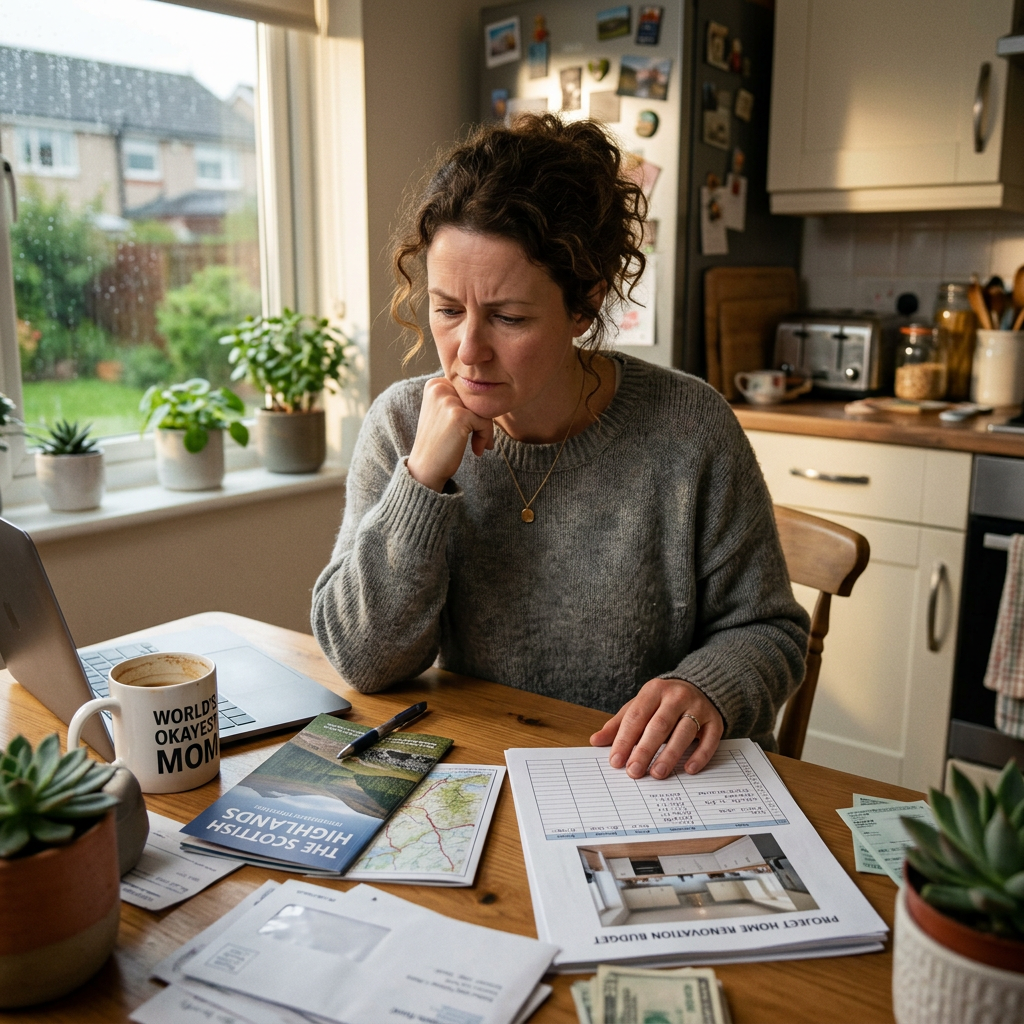 Woman looking thoughtfully at home renovation papers and bills at kitchen table