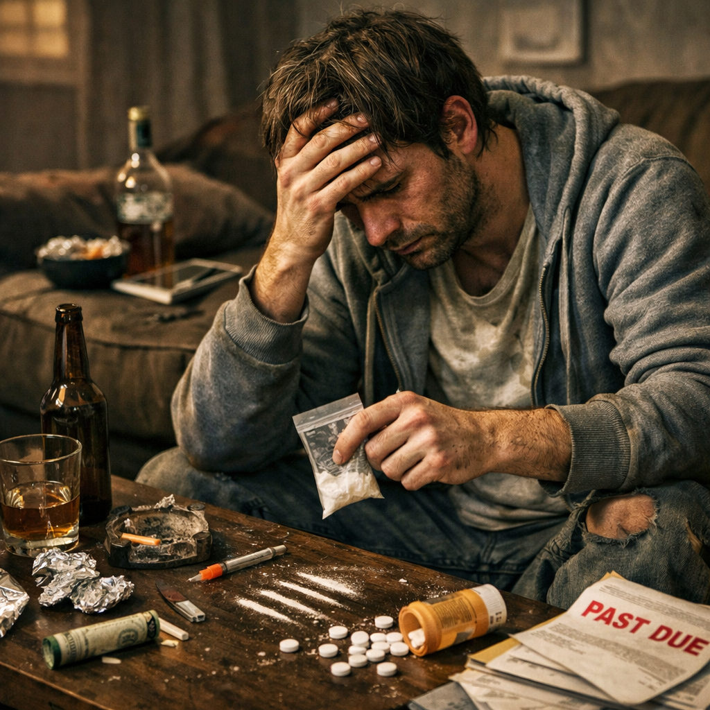 Man sitting with head in hand, holding bag of white powder, surrounded by drugs and past due bills