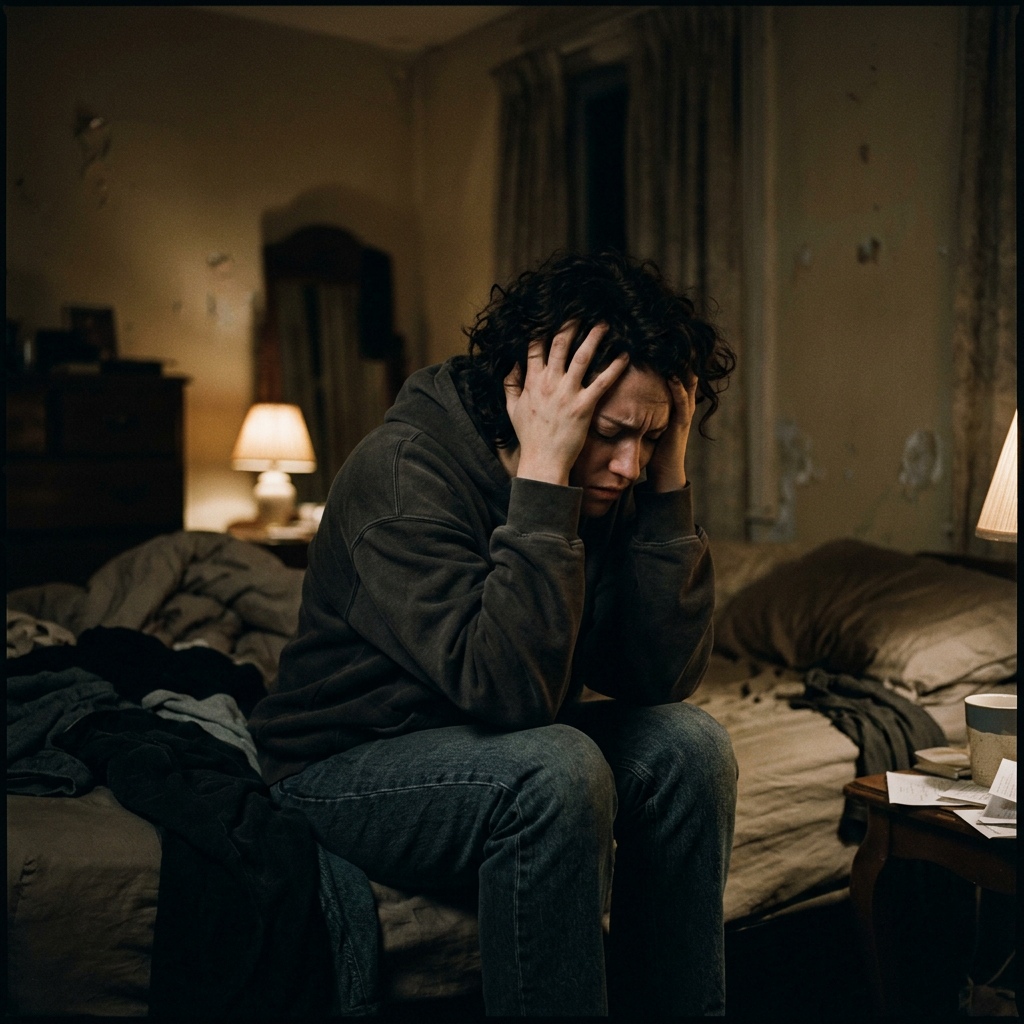 Person sitting on bed with hands on head, looking distressed