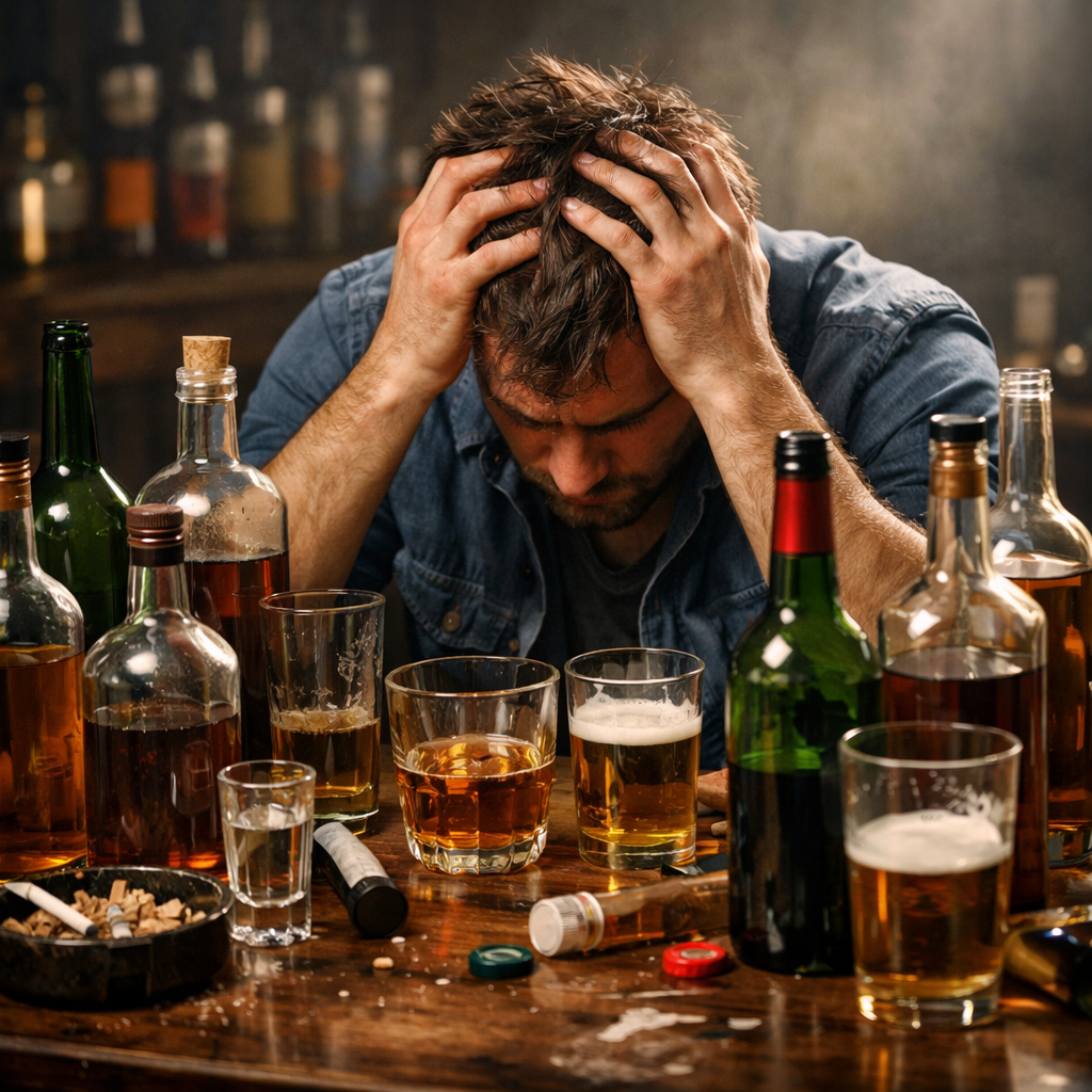 Man holding head with hands sitting at table full of alcoholic drinks and cigarette butts
