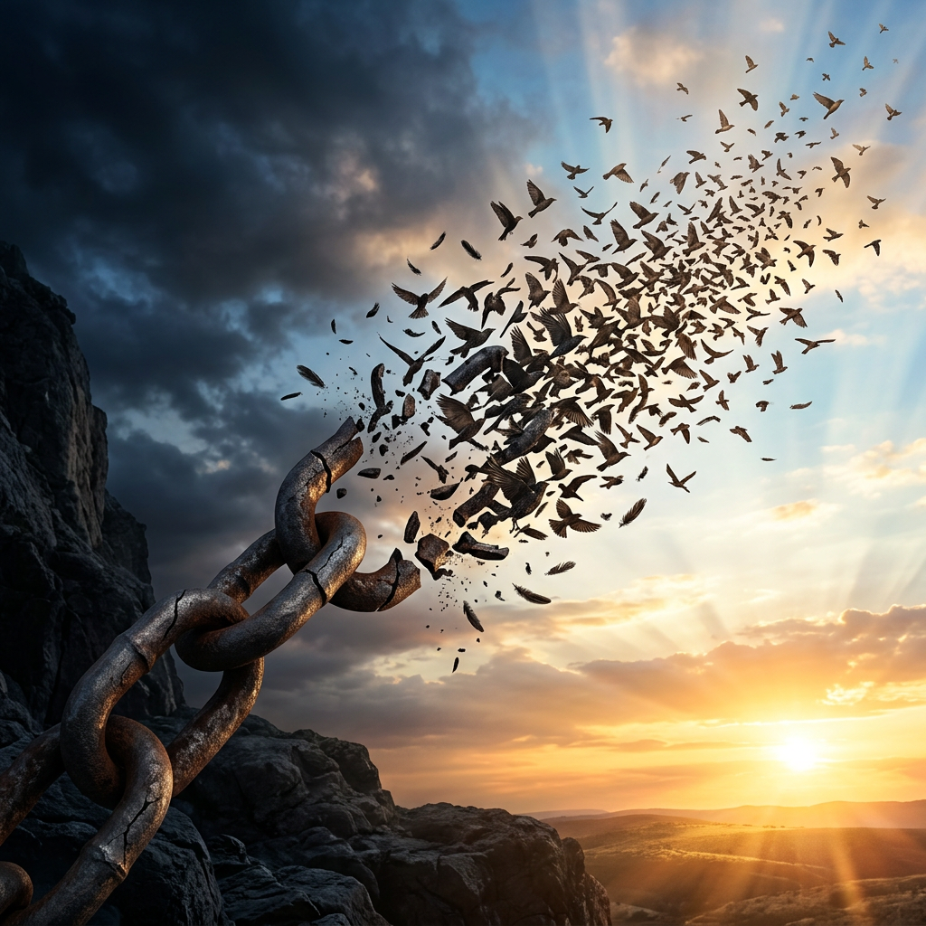 Rusty chain breaking with pieces turning into birds flying into sunset sky