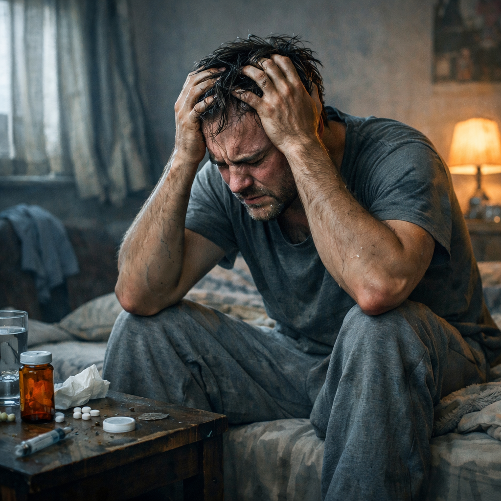 Distressed man sitting on bed clutching his head with medication bottles and syringes on the table