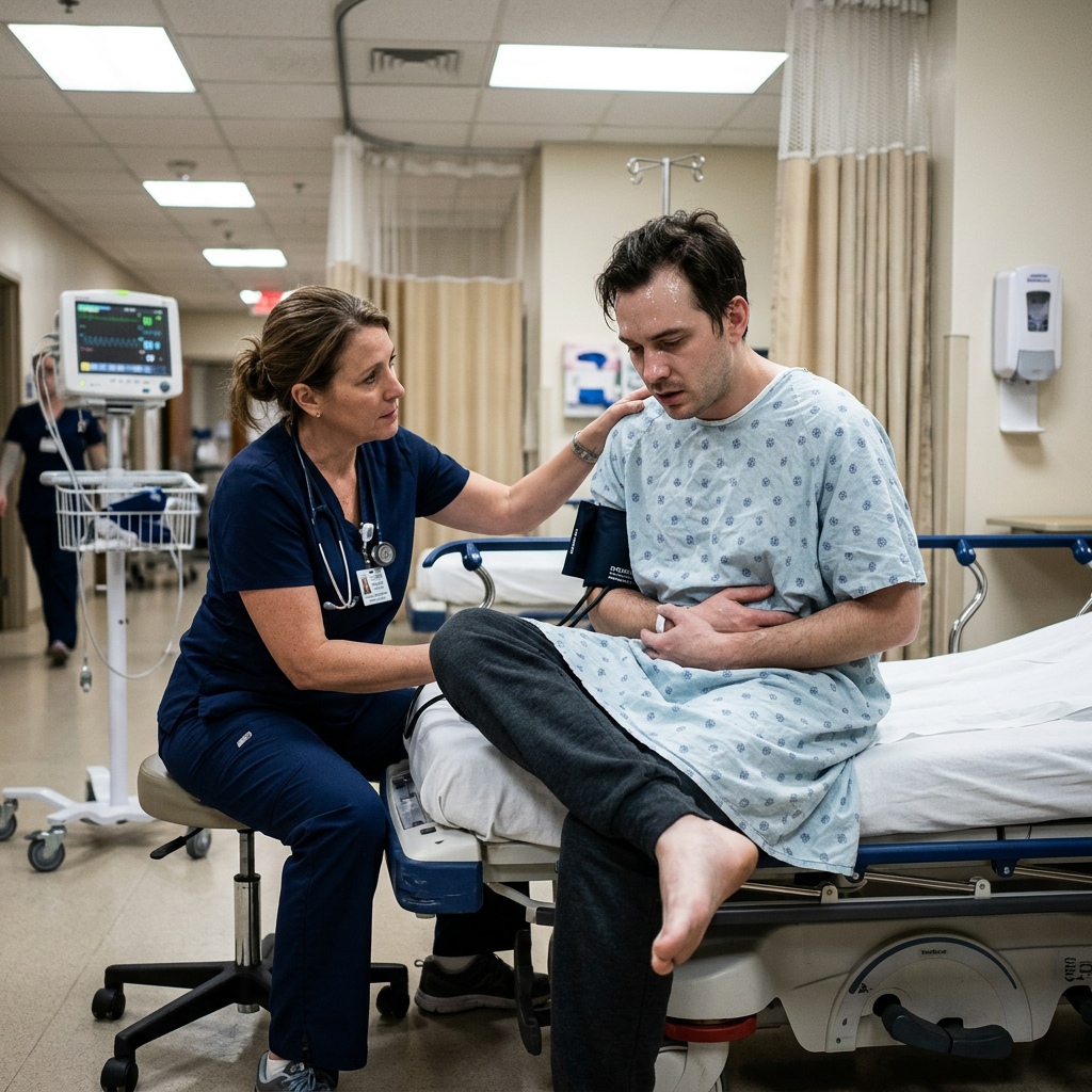 Nurse comforting a man in hospital gown sitting on a hospital bed, holding his stomach.