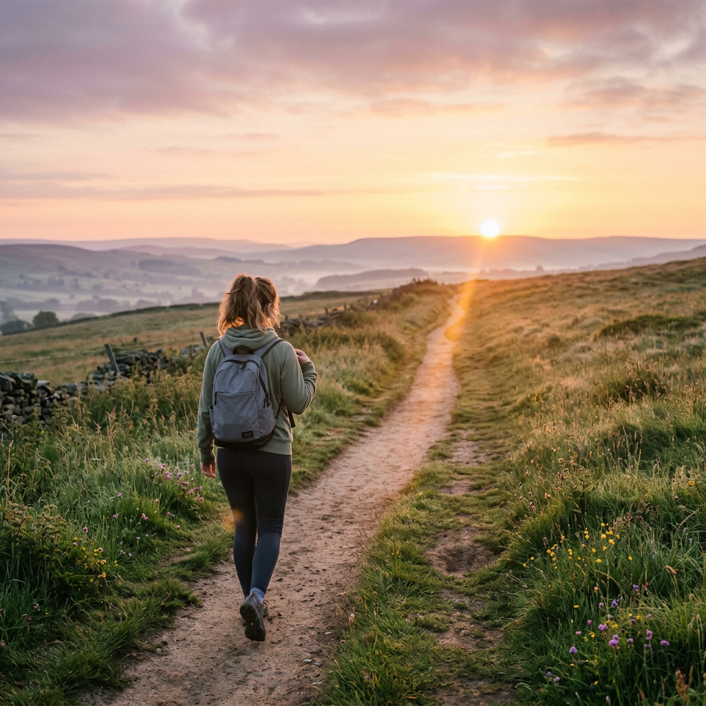 Person hiking on dirt trail at sunset in countryside Life After Alcohol Rehab