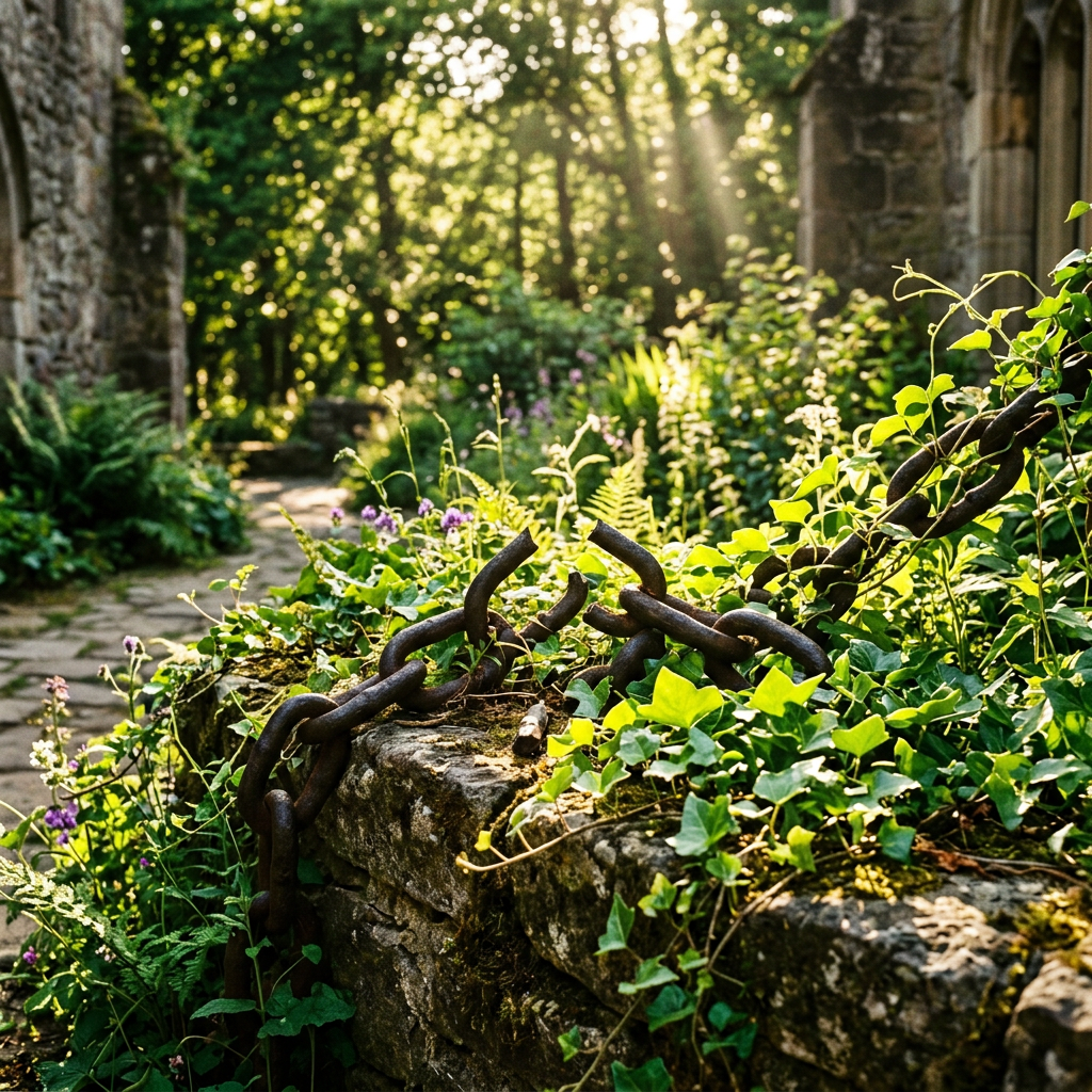 Rusty metal chain resting on moss-covered stone wall surrounded by green ivy and plants Life After Alcohol Rehab