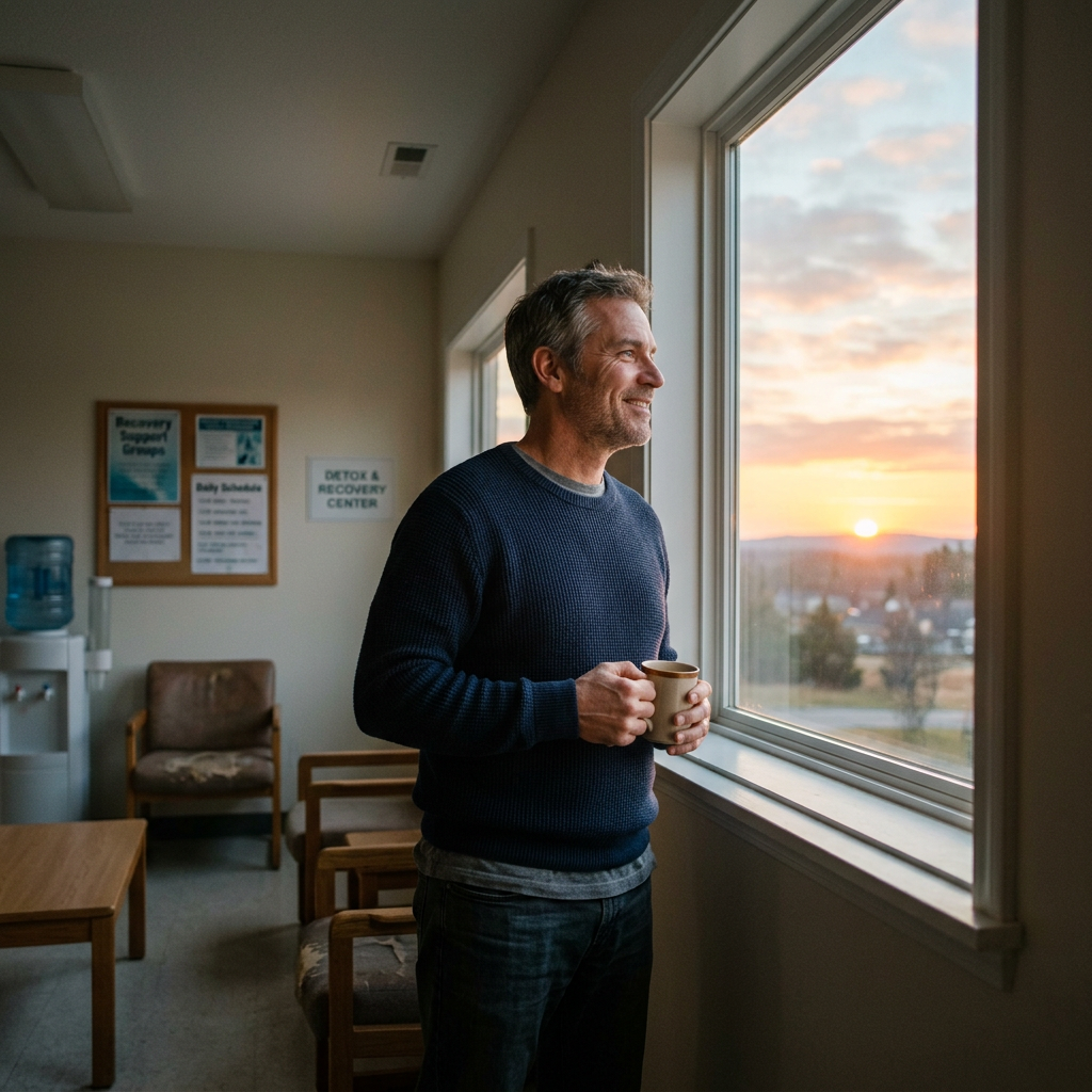 Middle-aged man holding a coffee cup looking out window at sunrise in recovery center