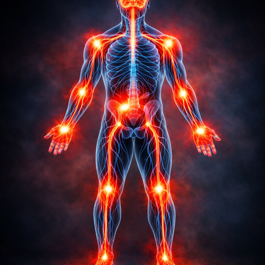 Human body with highlighted joints indicating pain or inflammation