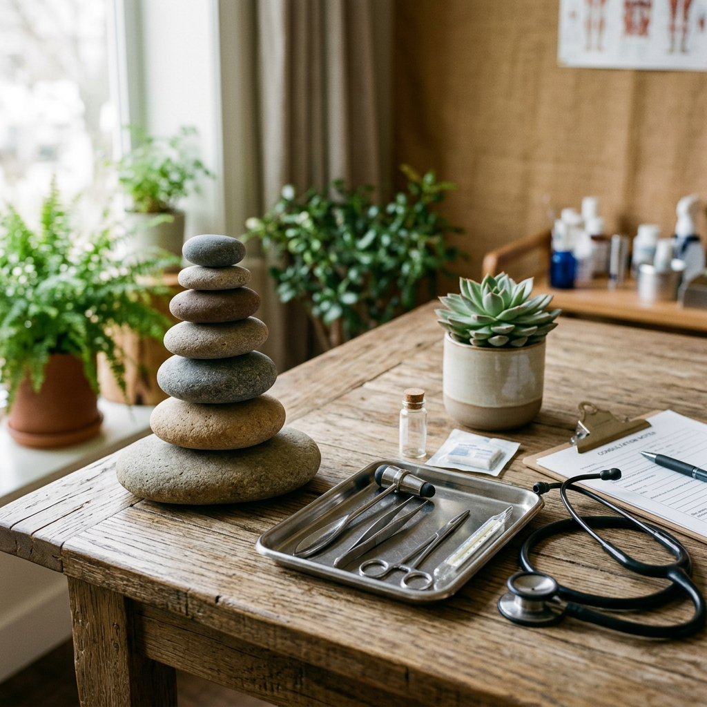 Stacked smooth stones beside medical tools and a stethoscope on a wooden table
