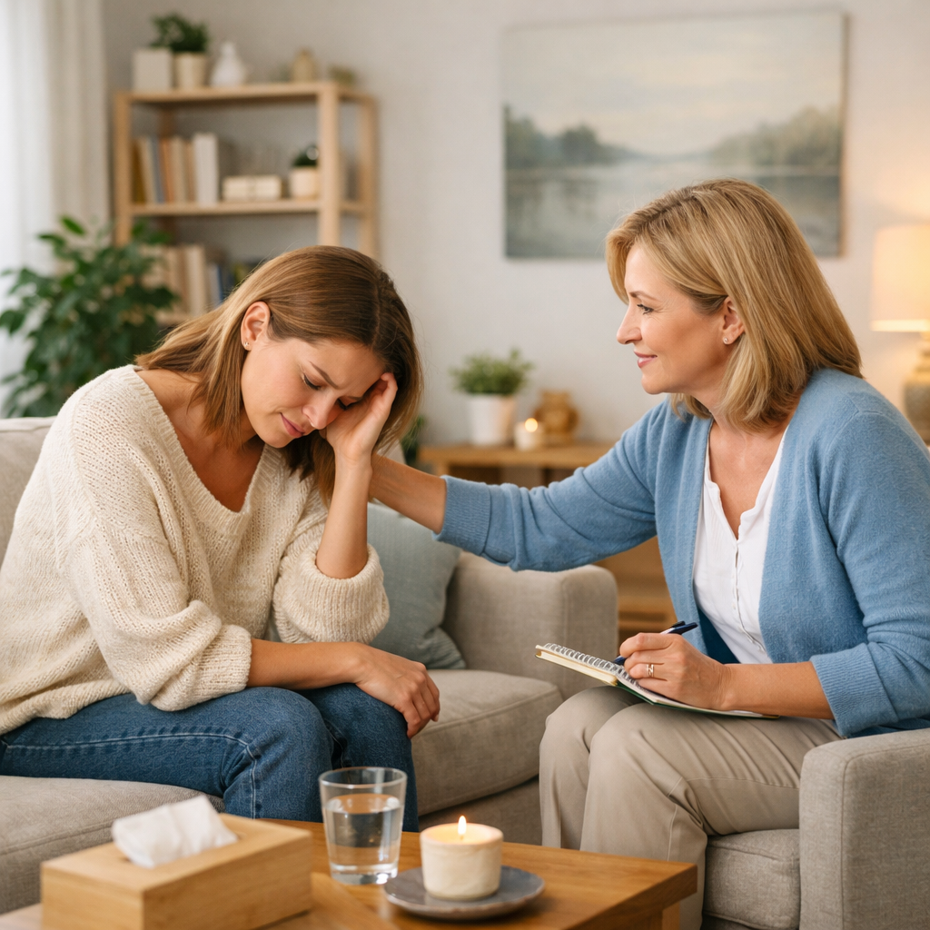 Therapist comforting a distressed woman during therapy session