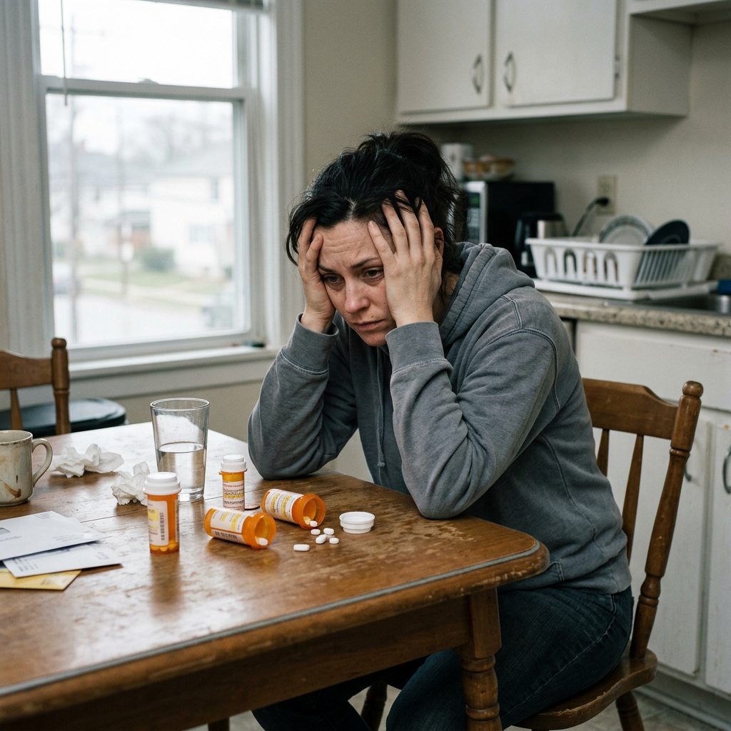 Woman sitting at kitchen table with prescription bottles and pills, holding her head in distress