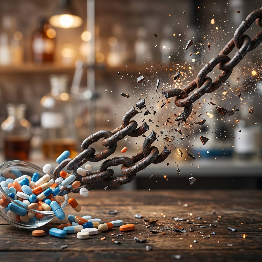 Rusted chain breaking apart with colorful pills spilling from a glass container
