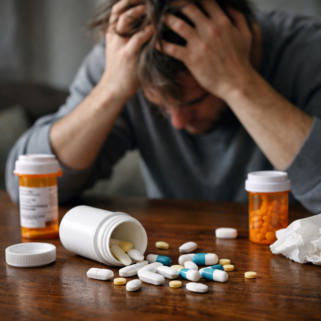 Person with head in hands near scattered pills and prescription bottles