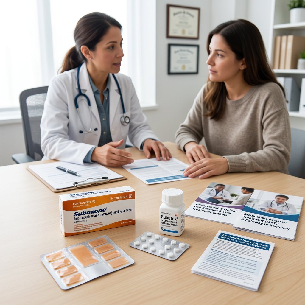 Doctor explaining opioid treatment options with Suboxone and Subutex medications on the table
