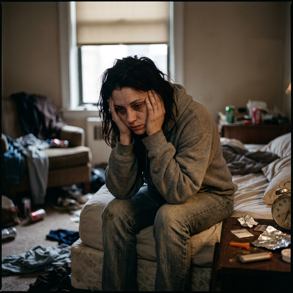 Woman sitting on bed looking distressed in a cluttered, messy room