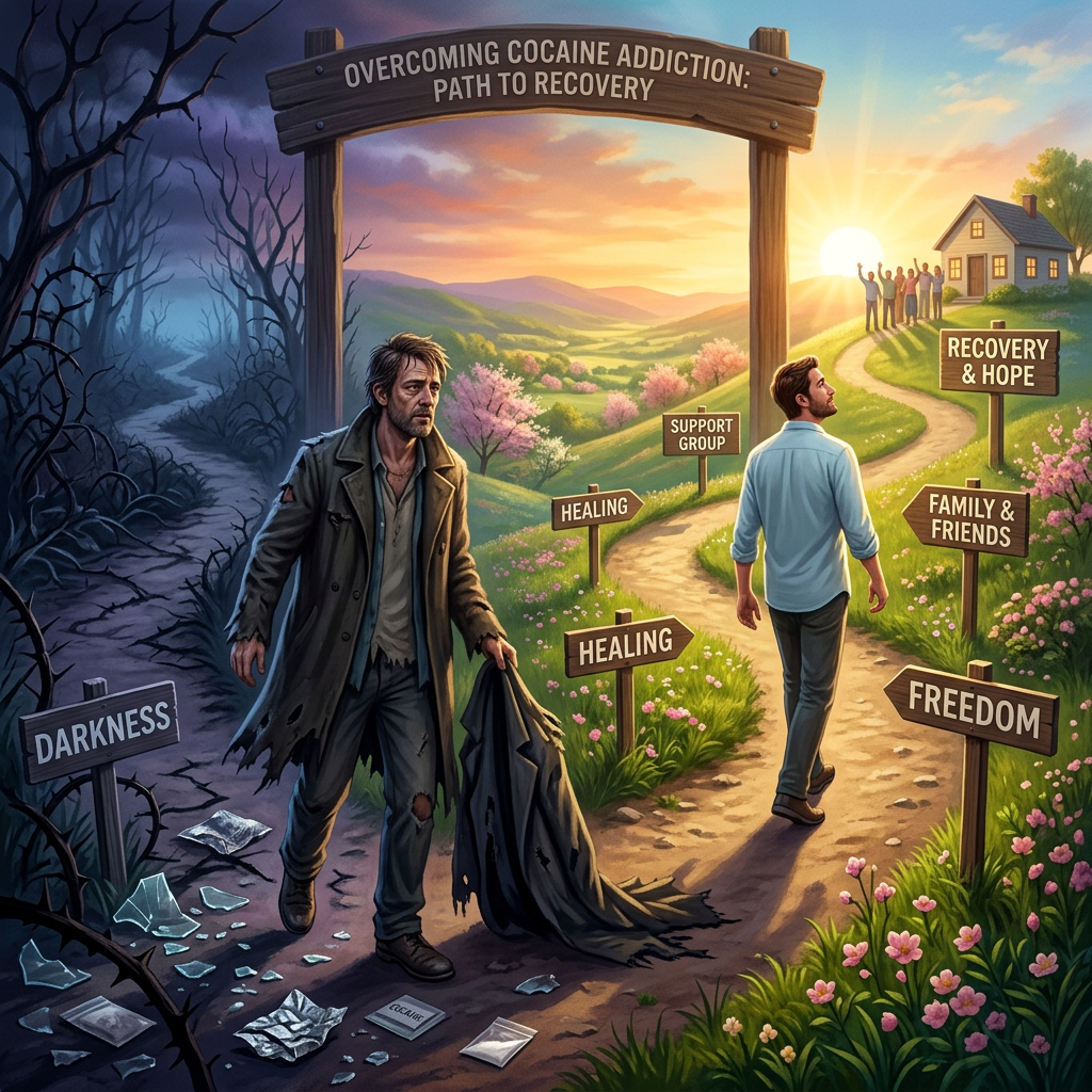 Two men on contrasting paths labeled darkness and recovery with signs about healing and support