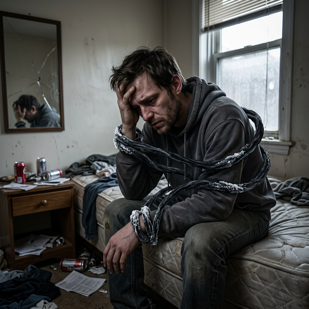 Man sitting on mattress with head in hand, bound by icy chains in cluttered room overcoming cocaine addiction