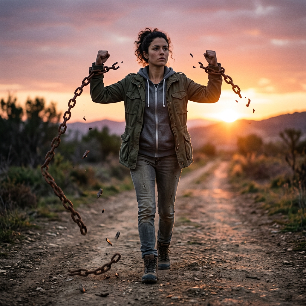 Woman breaking rusty chains around her wrists walking on a dirt path at sunset
detox from alcohol at home