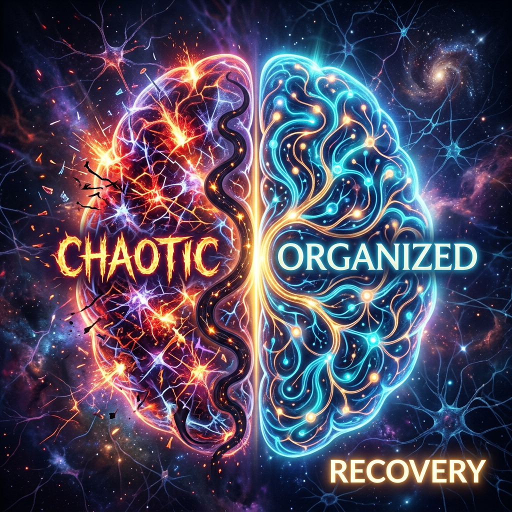 Half brain with chaotic fiery neural patterns and half brain with organized glowing neural patterns labeled chaotic and organized with recovery text  New identity after addiction