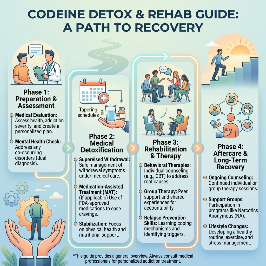 Illustration of codeine detox and recovery phases with medical evaluation, detoxification, therapy, and aftercare steps.