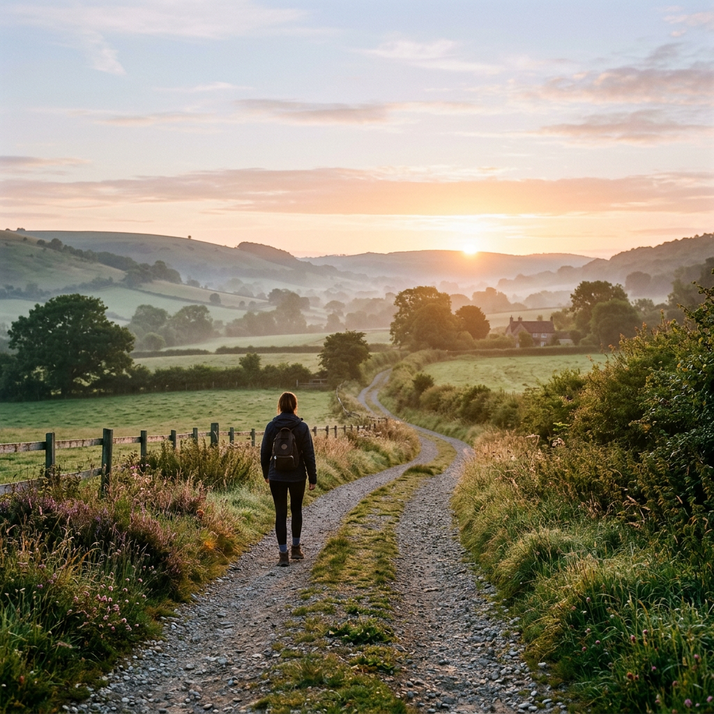 Person walking on a gravel trail in a green countryside at sunrise Codeine Detox Rehab Treatment
