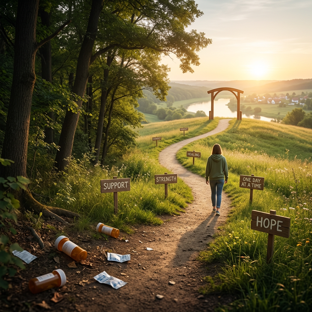 Person walking on a dirt path with signs saying hope, support, strength, healing, and one day at a time
