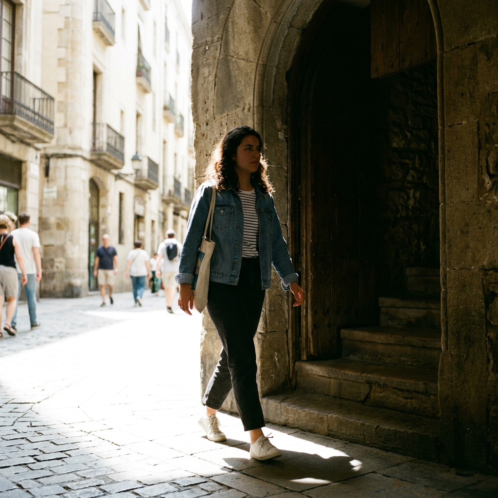 Woman walking through a stone archway in a historic urban area