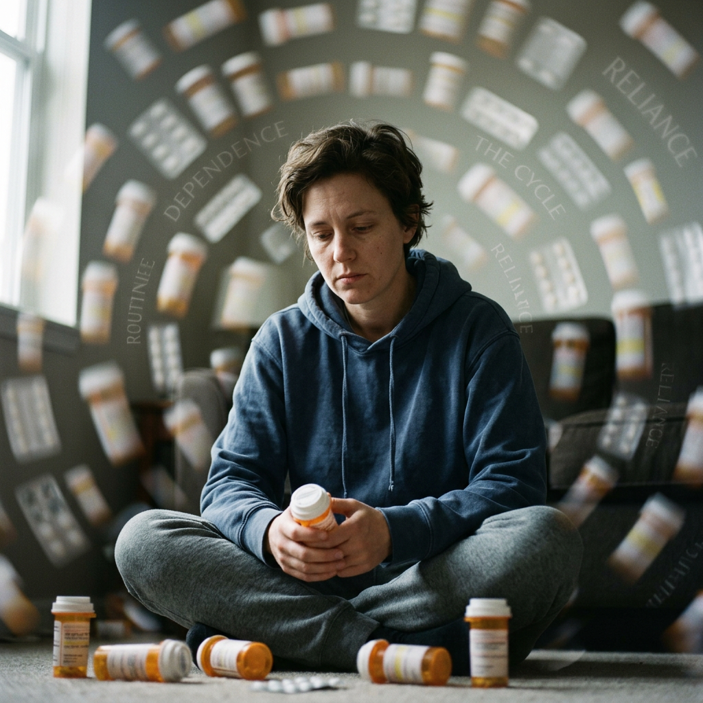 Person sitting cross-legged holding a pill bottle with many pill bottles and blisters blurred around them