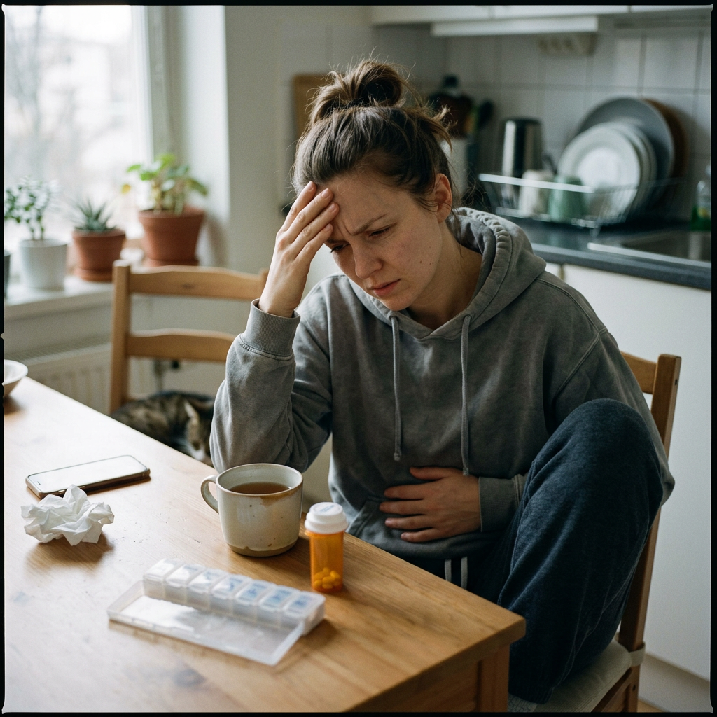 Woman in hoodie sitting at kitchen table holding her forehead and stomach with medication and tea nearby